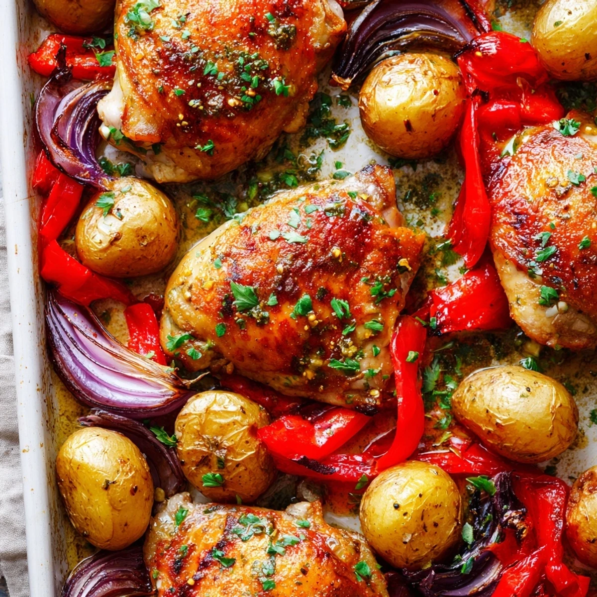 Sheet pan chicken and potatoes with caramelized onions and bell peppers fresh from the oven garnished with bright parsley
