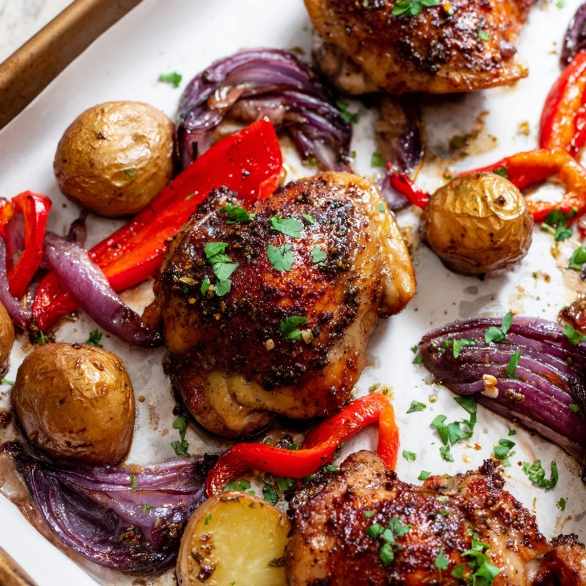Succulent herb-marinated chicken thighs roasted alongside baby potatoes and red vegetables for an easy one-pan weeknight dinner