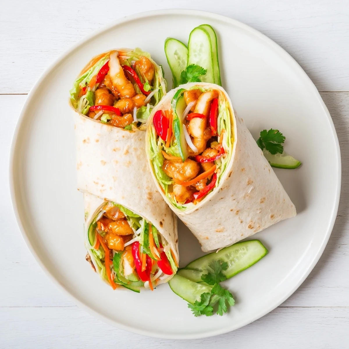 Golden sweet chili chicken wraps overflowing with crisp vegetables and wrapped in soft warm tortillas