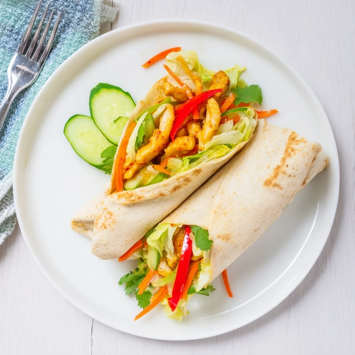 Freshly rolled sweet chili chicken wraps sliced in half revealing colorful julienned vegetables and tender marinated chicken