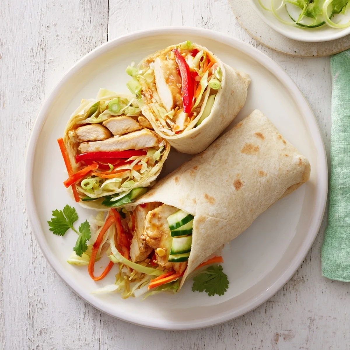 Easy sweet chili chicken wraps filled with seasoned chicken strips crisp bell peppers shredded lettuce and cucumber