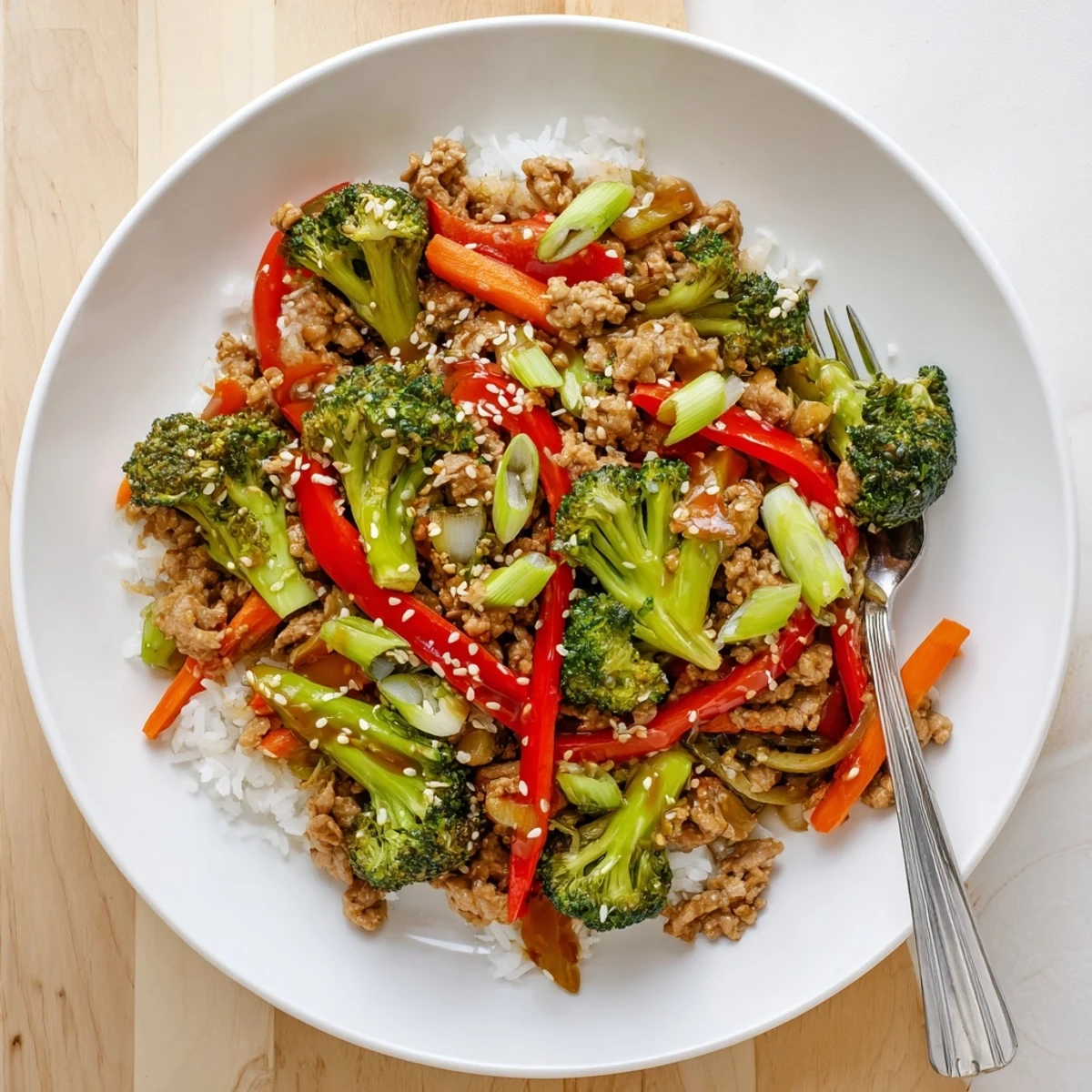 Golden ground turkey stir fry with broccoli florets coated in glossy savory sauce