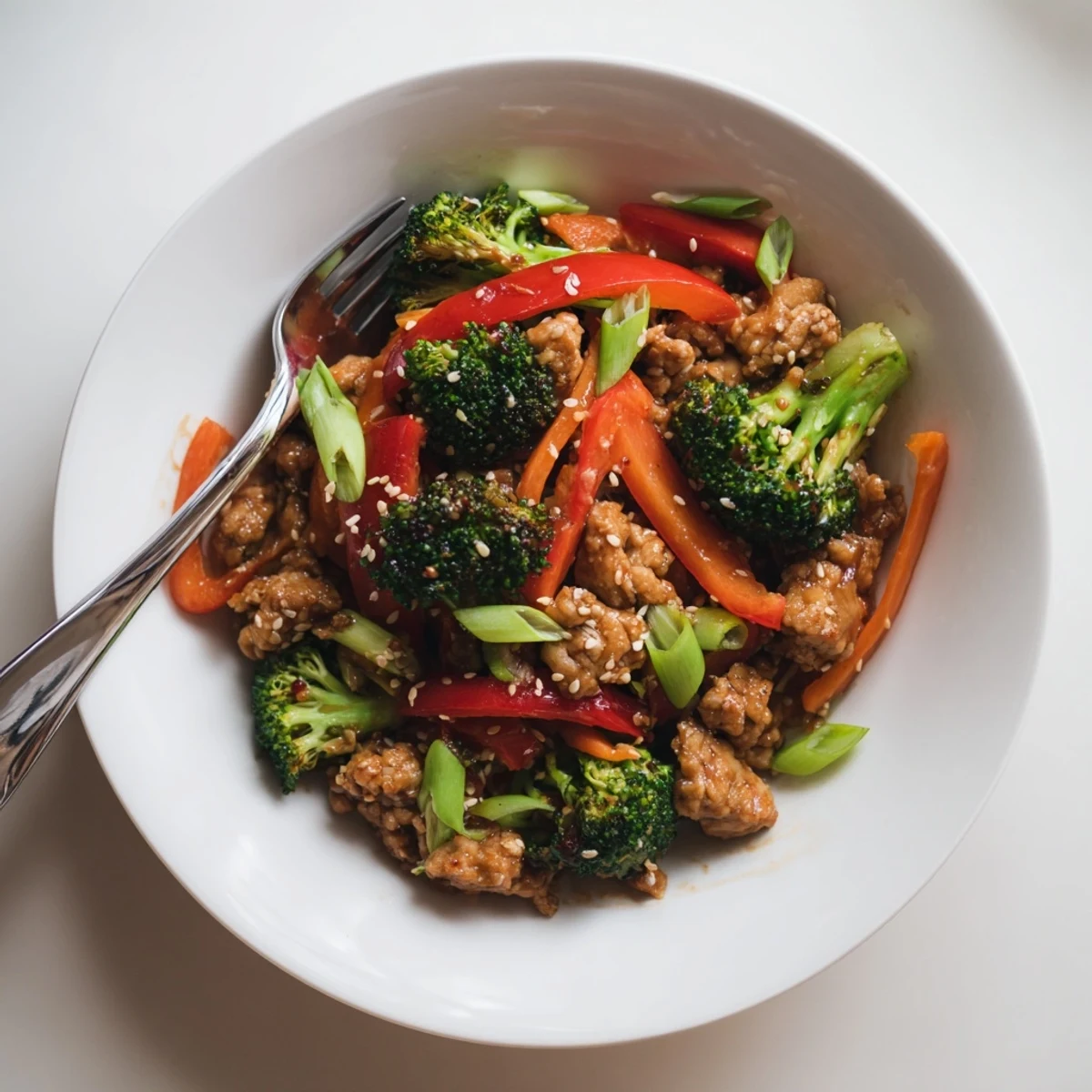 Vibrant ground turkey stir fry featuring tender broccoli and colorful vegetables over rice