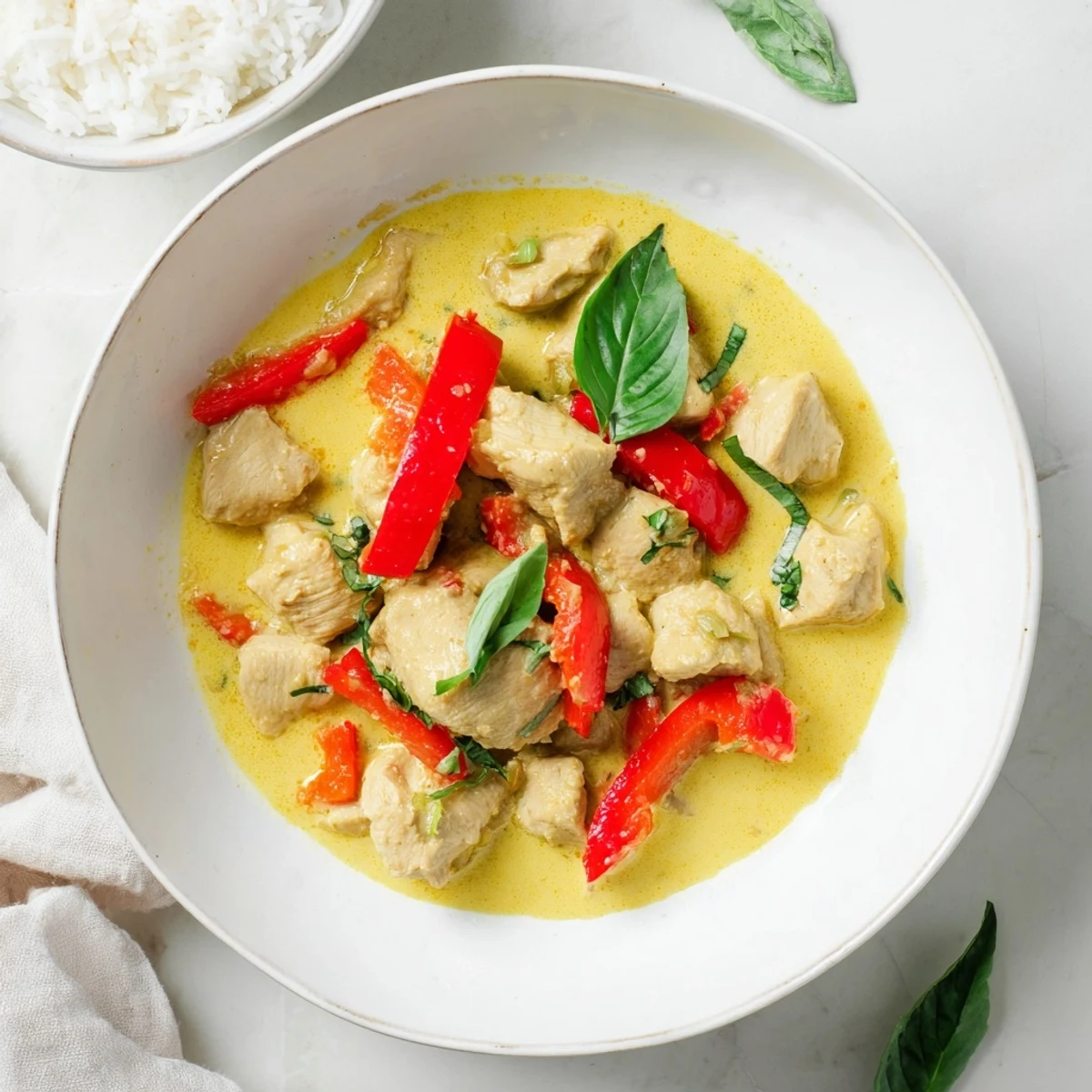Golden bowl of basil chicken with coconut curry sauce served over fluffy white jasmine rice
