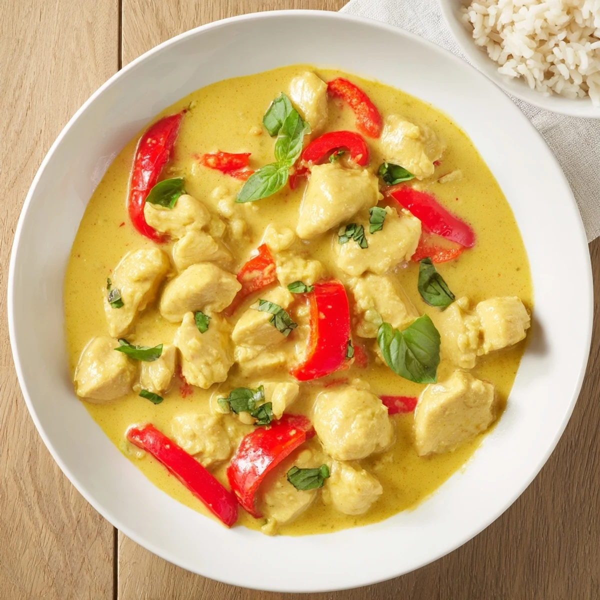 Tender chicken pieces swimming in rich coconut curry sauce topped with fresh green basil leaves