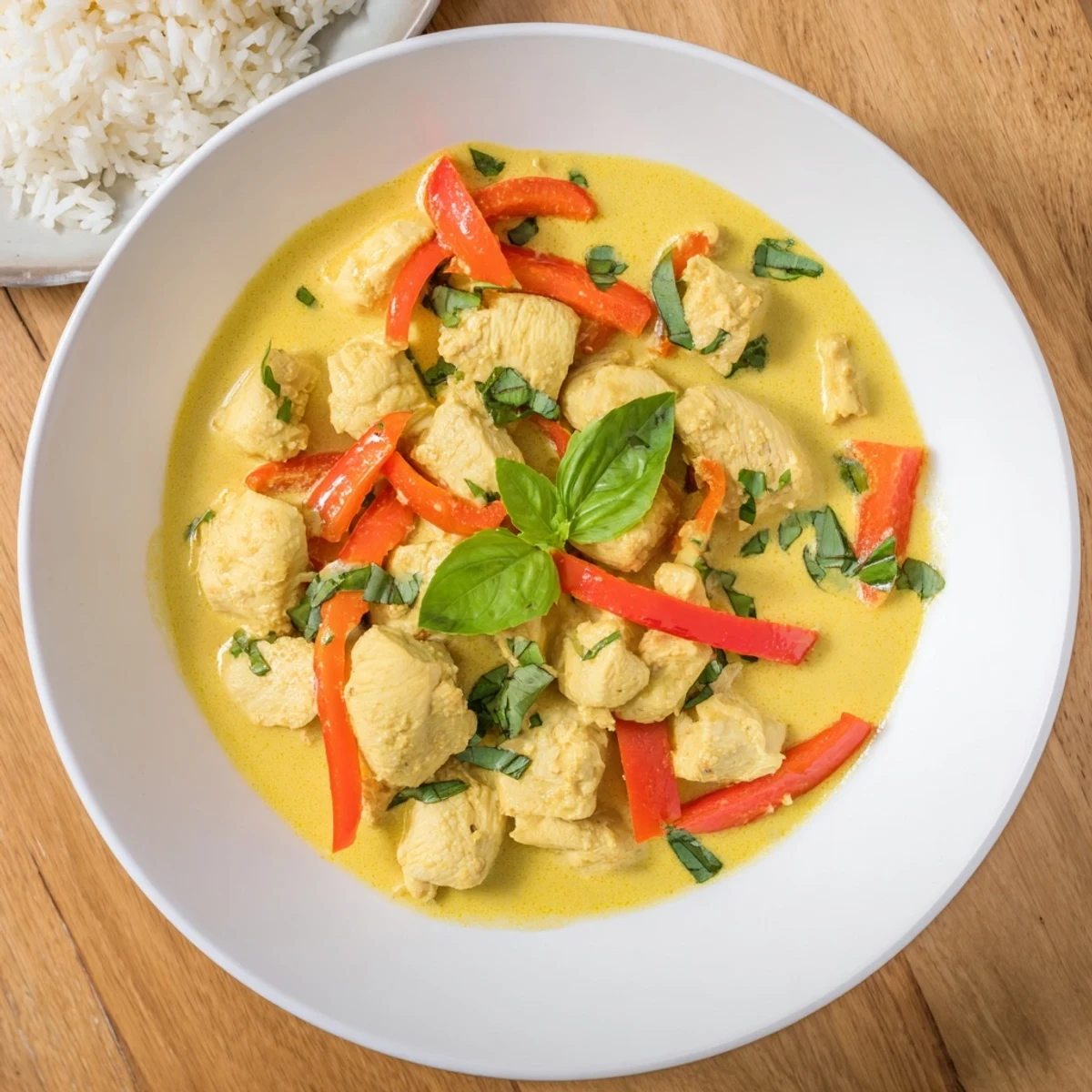 Creamy Thai-inspired curry dish featuring tender chicken and aromatic basil garnished over steamed rice