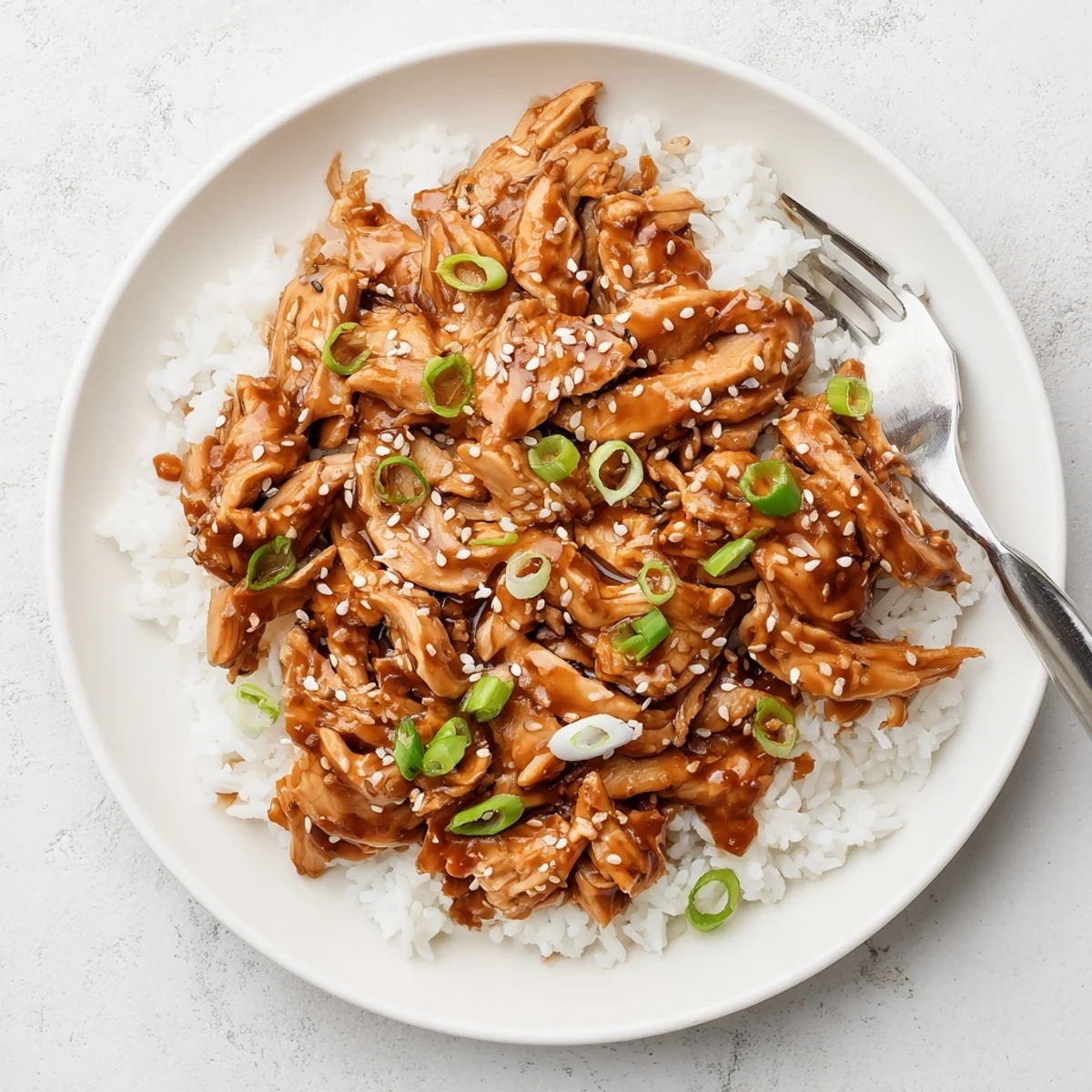 Golden slow cooker Mongolian chicken drizzled with thick garlic ginger sauce on a serving platter