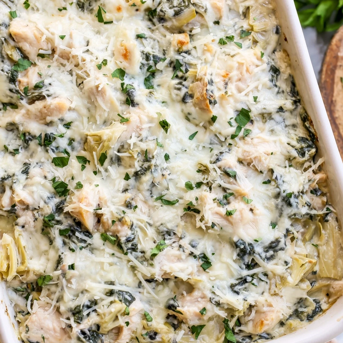 Bubbling high protein chicken casserole with artichokes, spinach, and parmesan in a baking dish