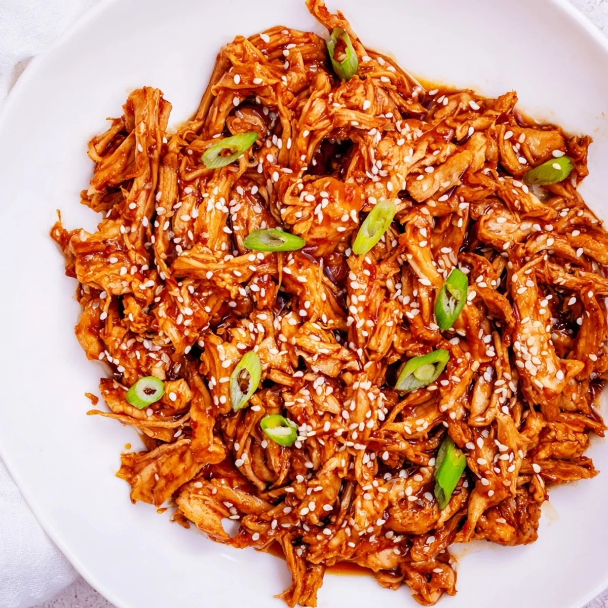 Golden slow cooker Mongolian chicken coated in thick savory sweet soy glaze