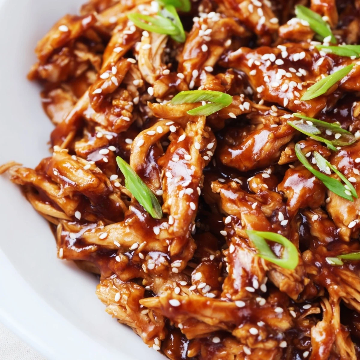 Tender shredded Mongolian chicken drizzled with rich hoisin honey sauce over steamed rice
