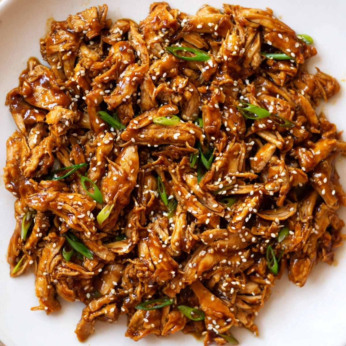 Garnished slow cooker Mongolian chicken with sesame seeds and green onions on white plate