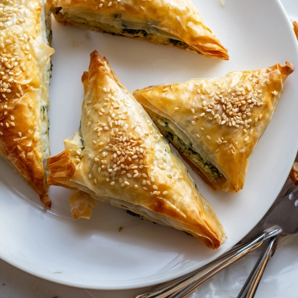 Golden Mediterranean spinach and feta crisps with flaky phyllo pastry and melted butter