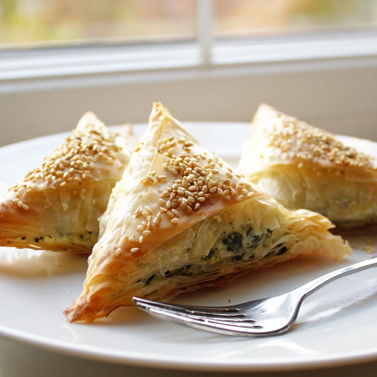 Crispy triangular parcels filled with savory spinach and creamy feta cheese appetizer