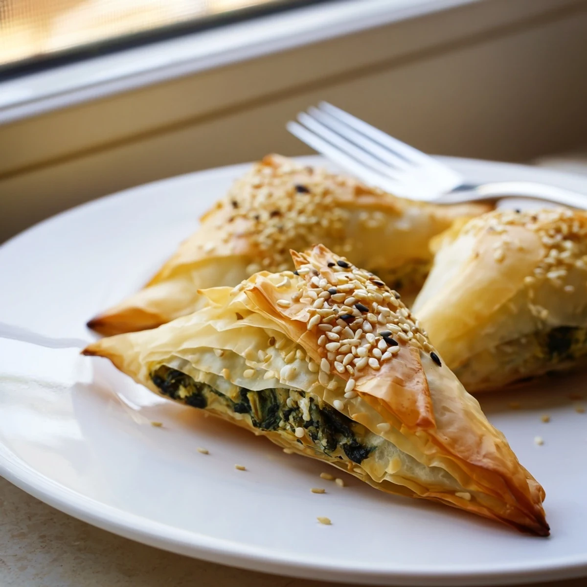 Baked Mediterranean spinach feta crisps sprinkled with sesame seeds on a serving platter