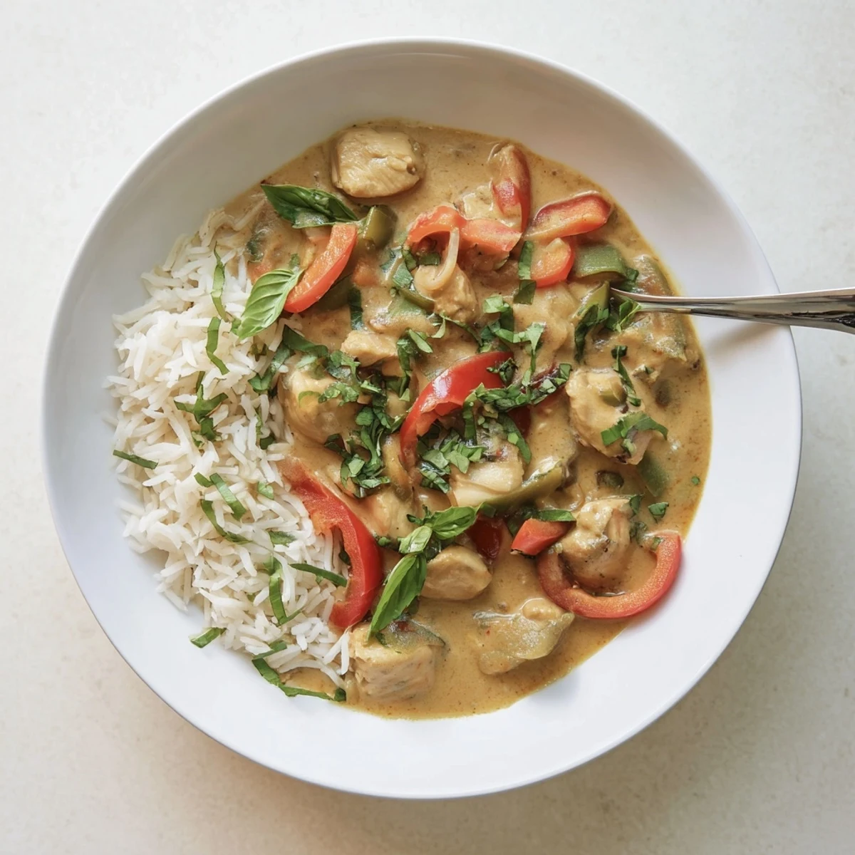 Golden basil chicken in coconut curry sauce served over fluffy white jasmine rice
