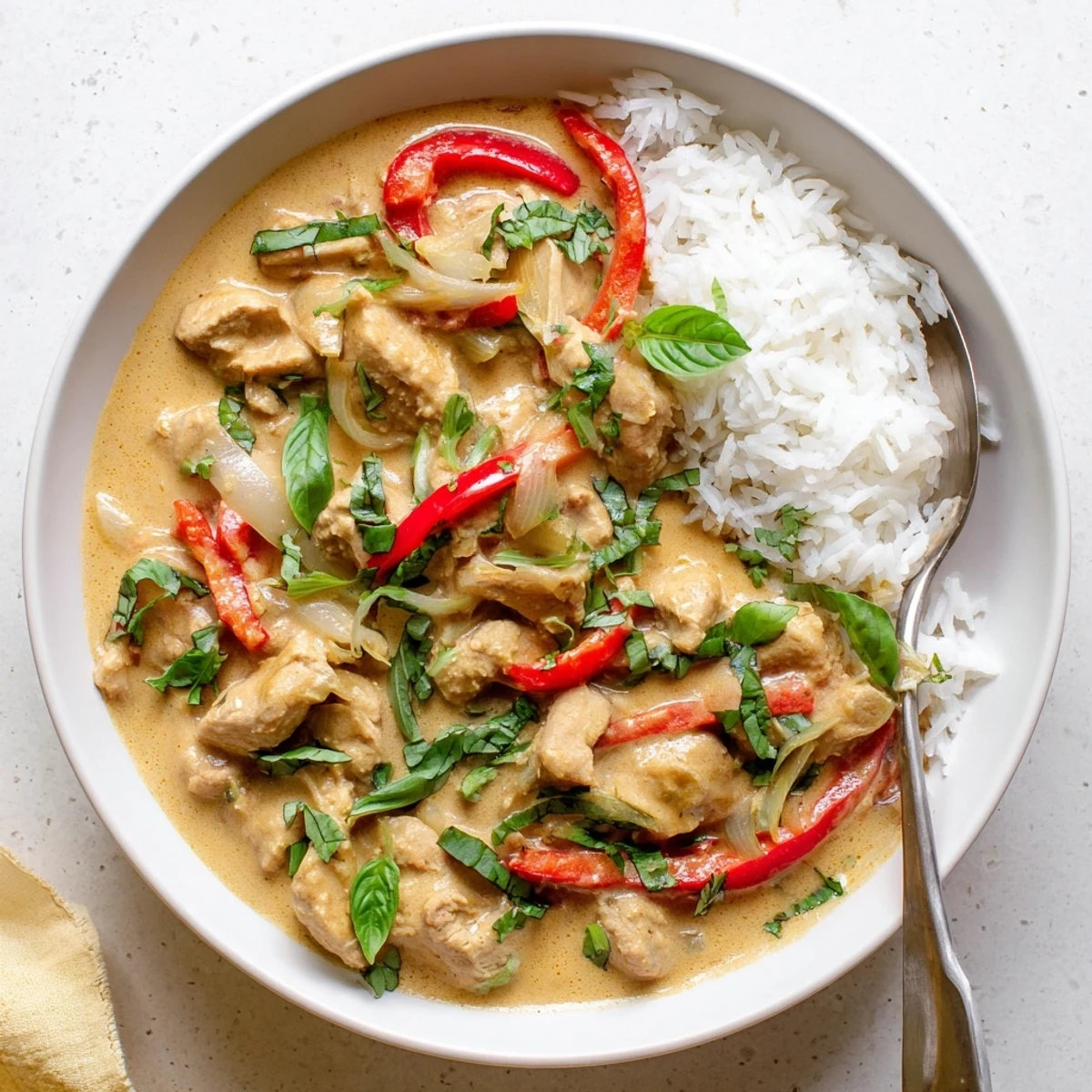 Creamy Thai-inspired basil chicken curry with vibrant bell peppers and rich coconut sauce