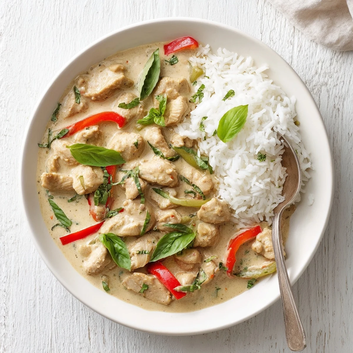 Tender chicken pieces simmered in fragrant coconut curry sauce with fresh green basil