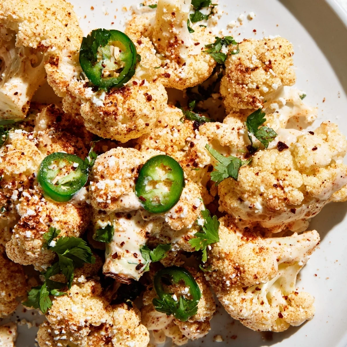 Golden roasted cauliflower elote drizzled with creamy sauce and sprinkled with crumbly cotija cheese and fresh cilantro