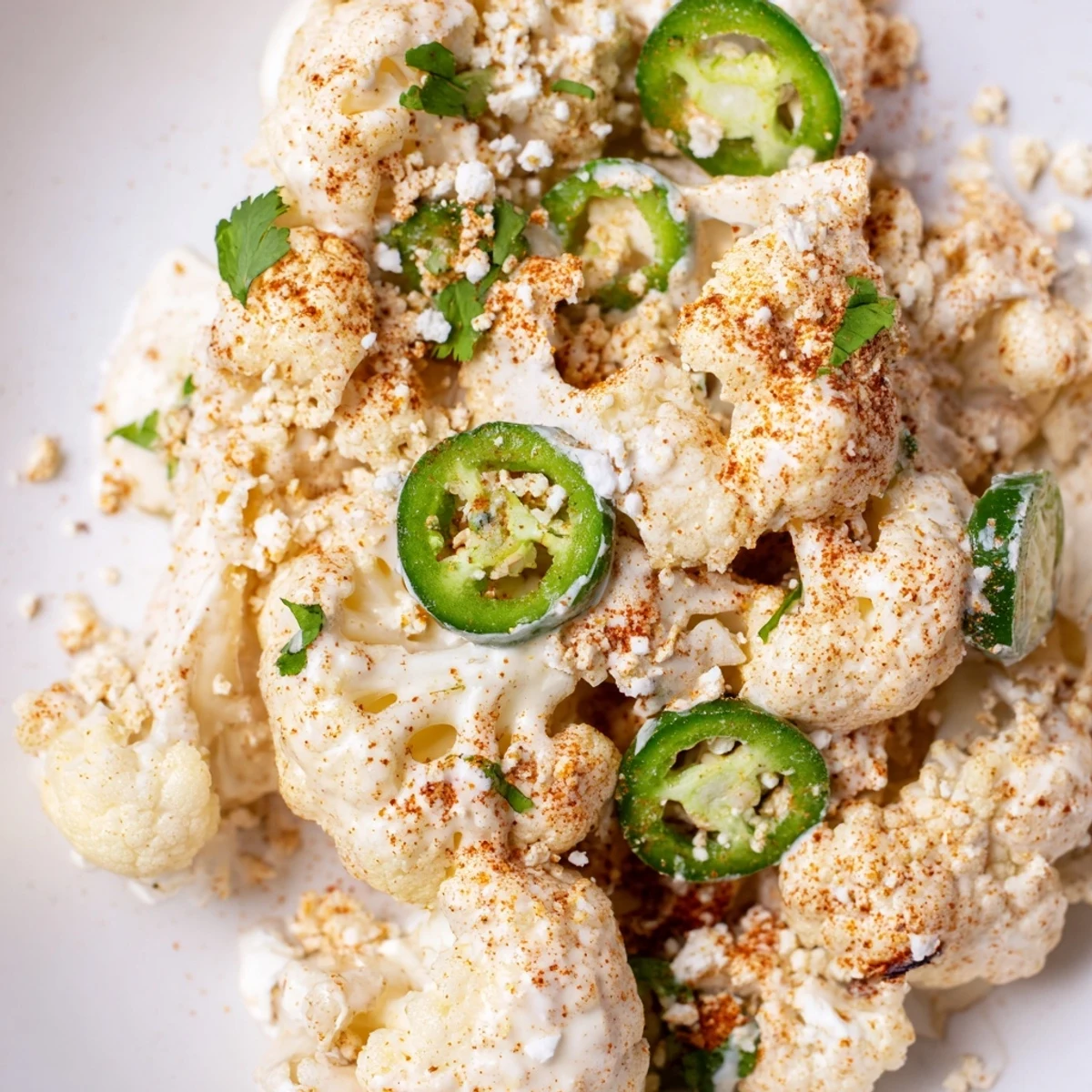 Mexican street corn style cauliflower florets coated in tangy mayonnaise lime sauce and topped with spicy chili powder