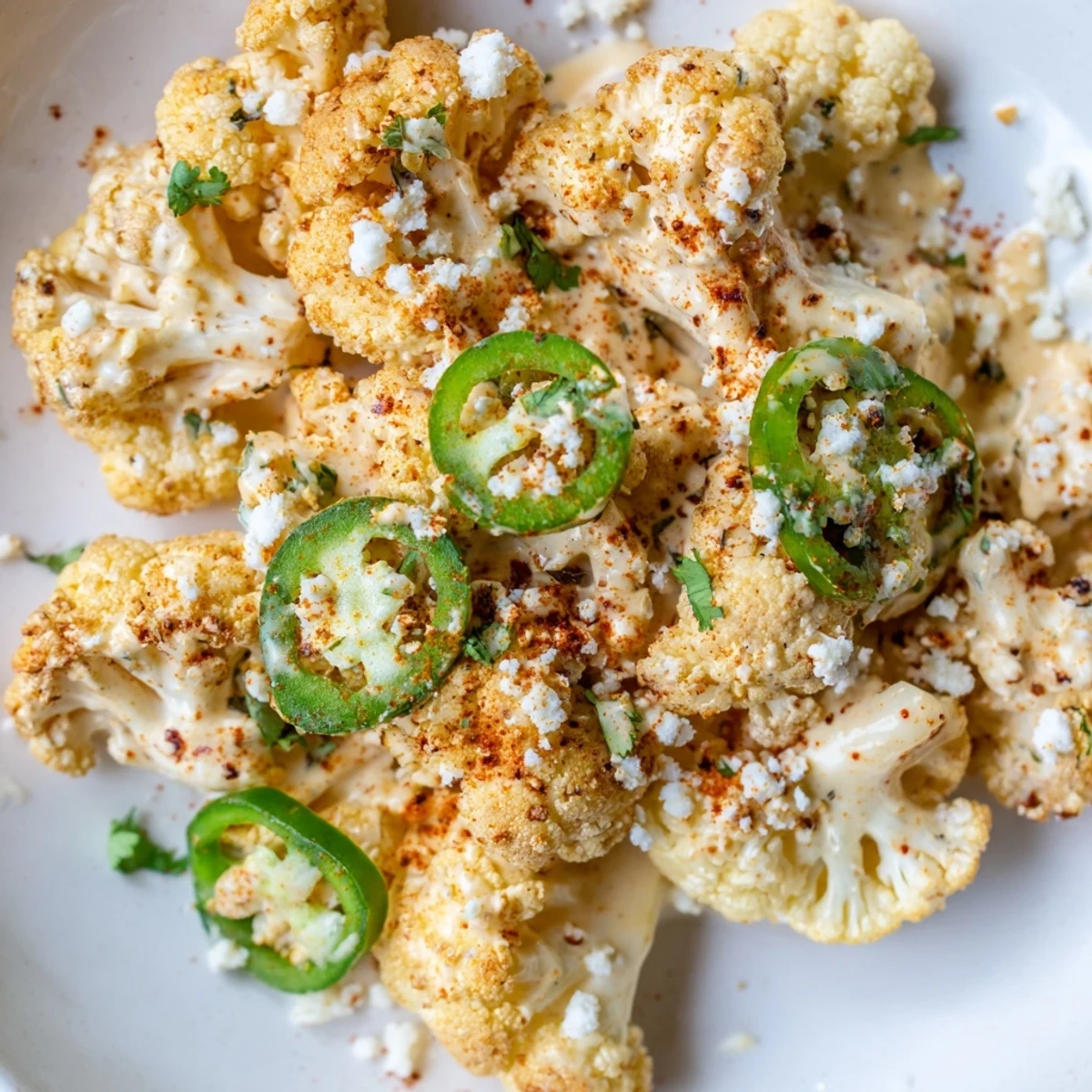 Colorful serving platter of cauliflower elote garnished with sliced jalapeños, cilantro, and extra lime wedges for squeezing