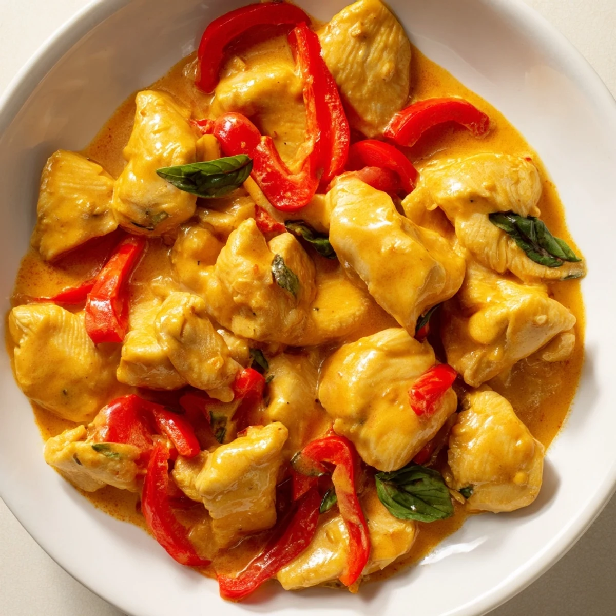 Golden basil chicken pieces swimming in rich creamy coconut curry sauce with red pepper strips