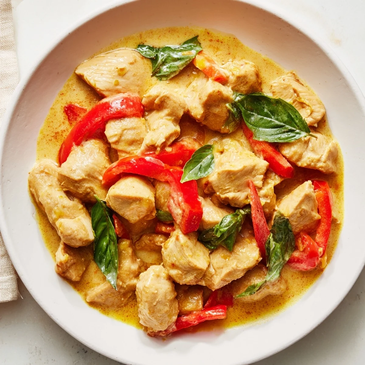 Thai-style basil chicken with coconut curry sauce served over fluffy white jasmine rice