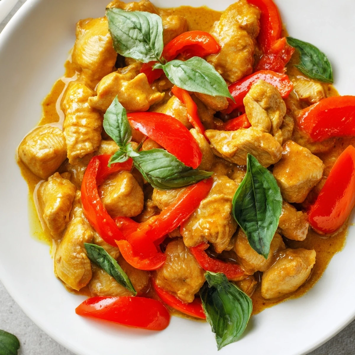 Creamy coconut curry basil chicken plated with vibrant red bell pepper slices and fresh herbs