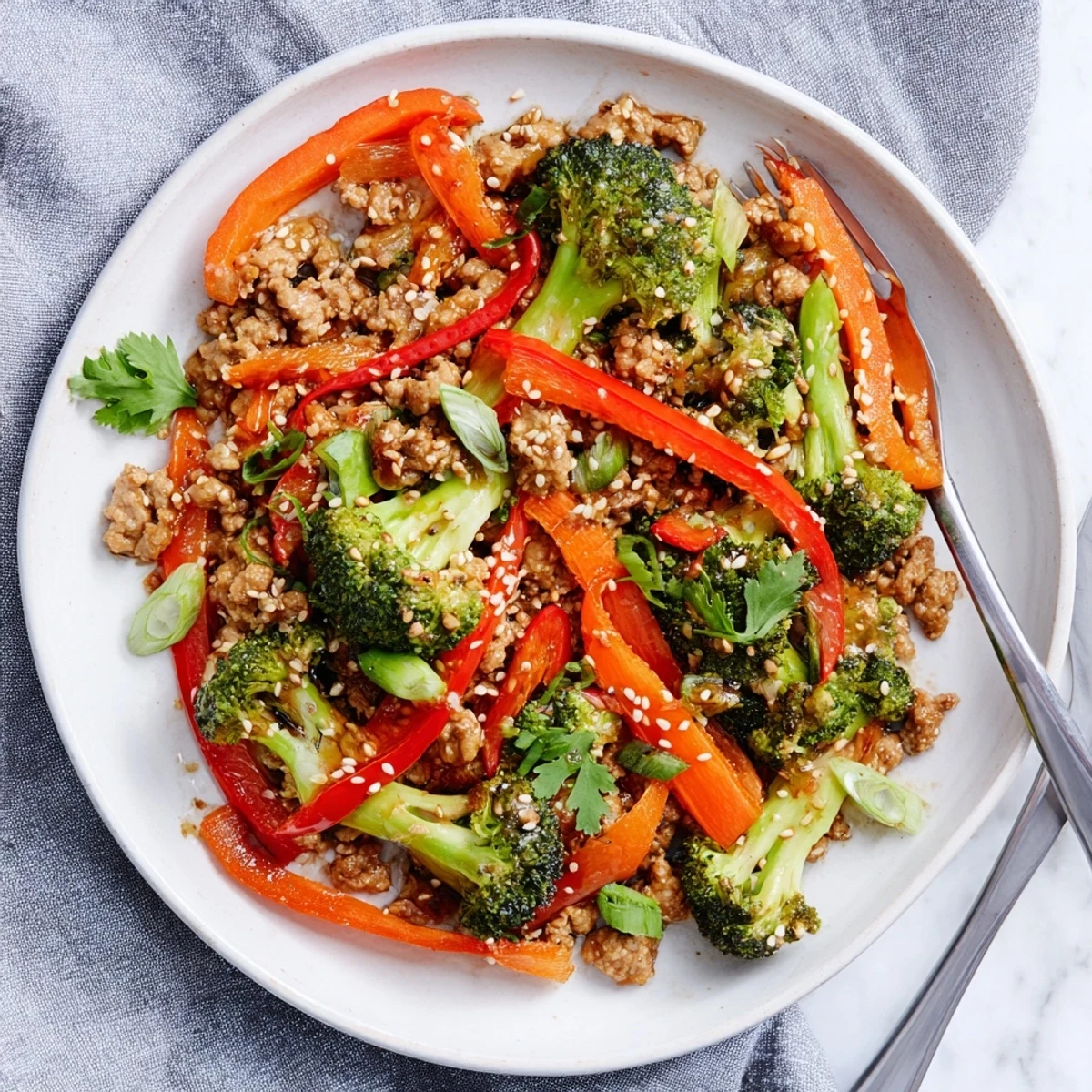 Golden brown ground turkey stir fry with broccoli coated in glossy savory sauce