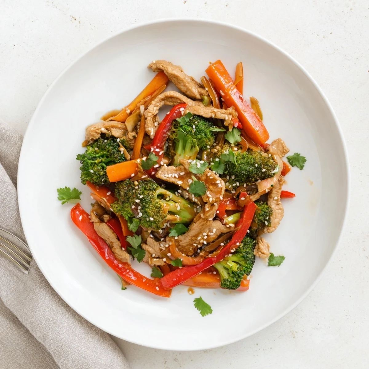 Crisp tender broccoli florets mixed with seasoned ground turkey in Asian-style stir fry