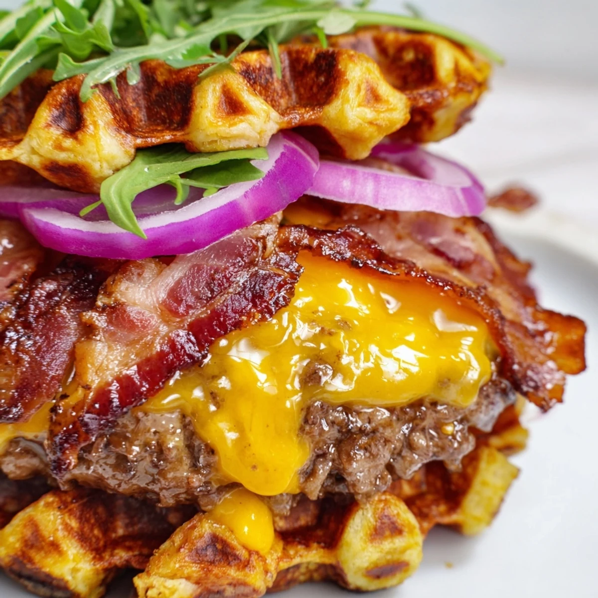 Golden maple bacon waffle burger stacked with melted cheddar, crisp bacon, and fresh arugula between buttery waffles