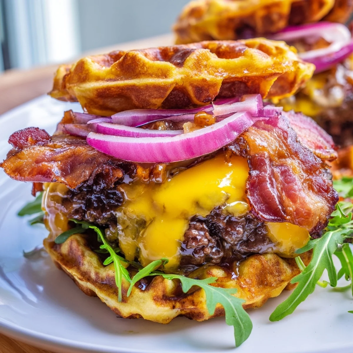 Decadent maple bacon waffle burger featuring juicy beef patty, caramelized bacon strips, and sweet maple aioli