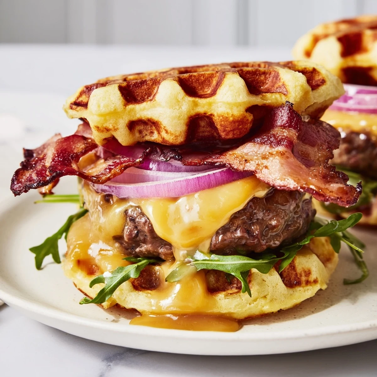 Stacked maple bacon waffle burger with red onion, sharp cheddar, and maple-glazed bacon on toasted golden waffles