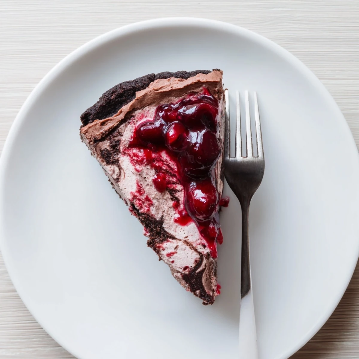 Decadent dark chocolate cherry cheesecake featuring fresh cherry sauce and smooth chocolate filling