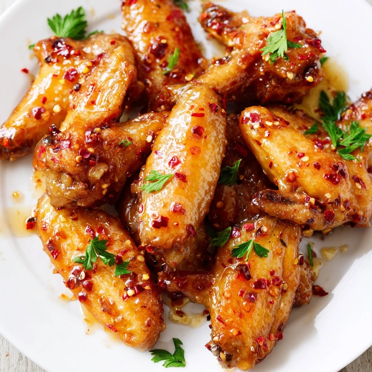 Golden smoked hot honey chicken wings glistening with spicy sticky glaze on platter