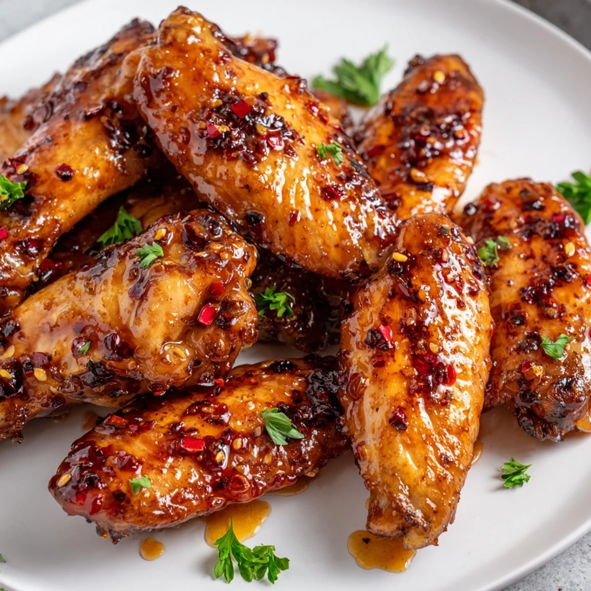 Crispy smoked chicken wings coated in sweet heat honey glaze ready for serving
