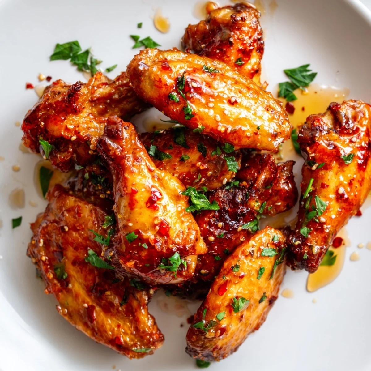 Smoky chicken wings tossed with hot honey sauce and red pepper flakes garnish