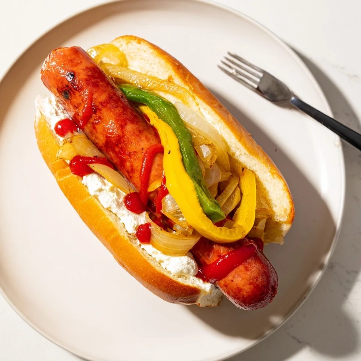 Grilled Seattle hot dog topped with creamy cheese and caramelized onions in a toasted bun