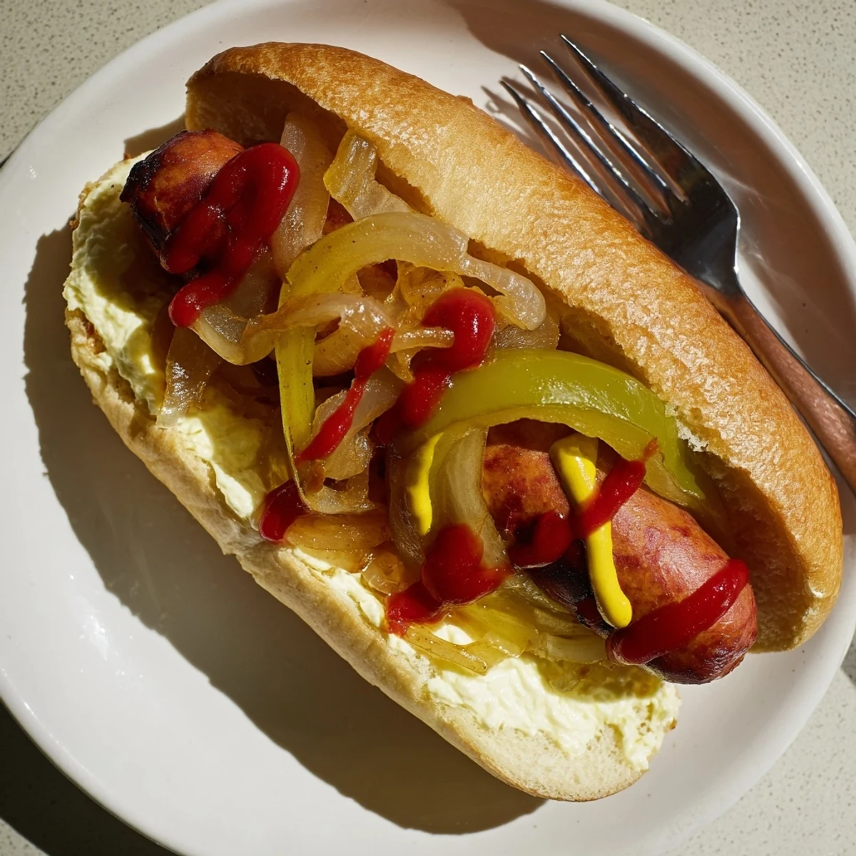 Seattle style hot dog sandwich featuring grilled sausage cream cheese and sweet golden onions