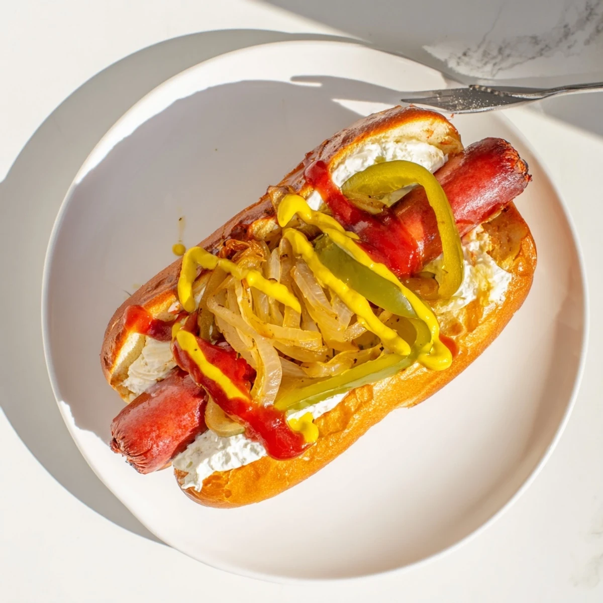 Golden grilled Seattle hot dog loaded with cream cheese and sautéed vegetables on a warm brioche bun