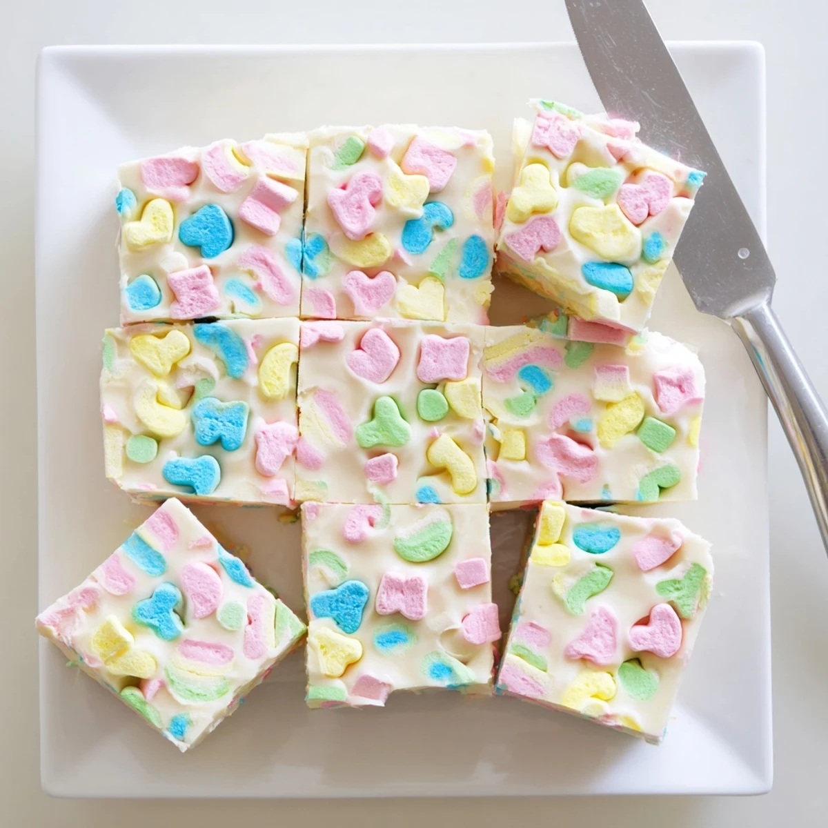 Hand holding a piece of colorful Easy Lucky Charms Fudge with festive marshmallow toppings visible.