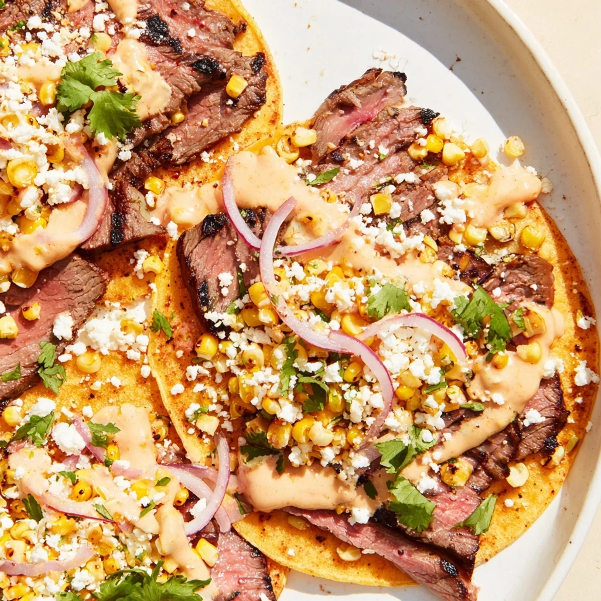 Golden grilled steak elote tacos topped with cotija cheese, crema, and fresh cilantro