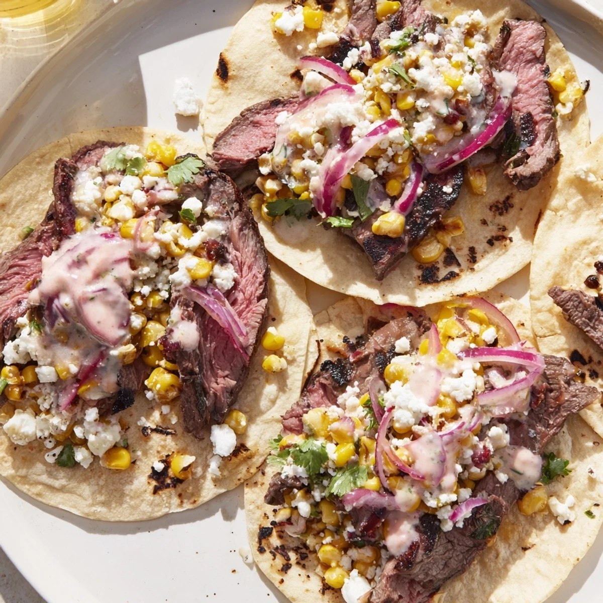 Warm corn tortillas layered with spiced steak and creamy Mexican street corn elote