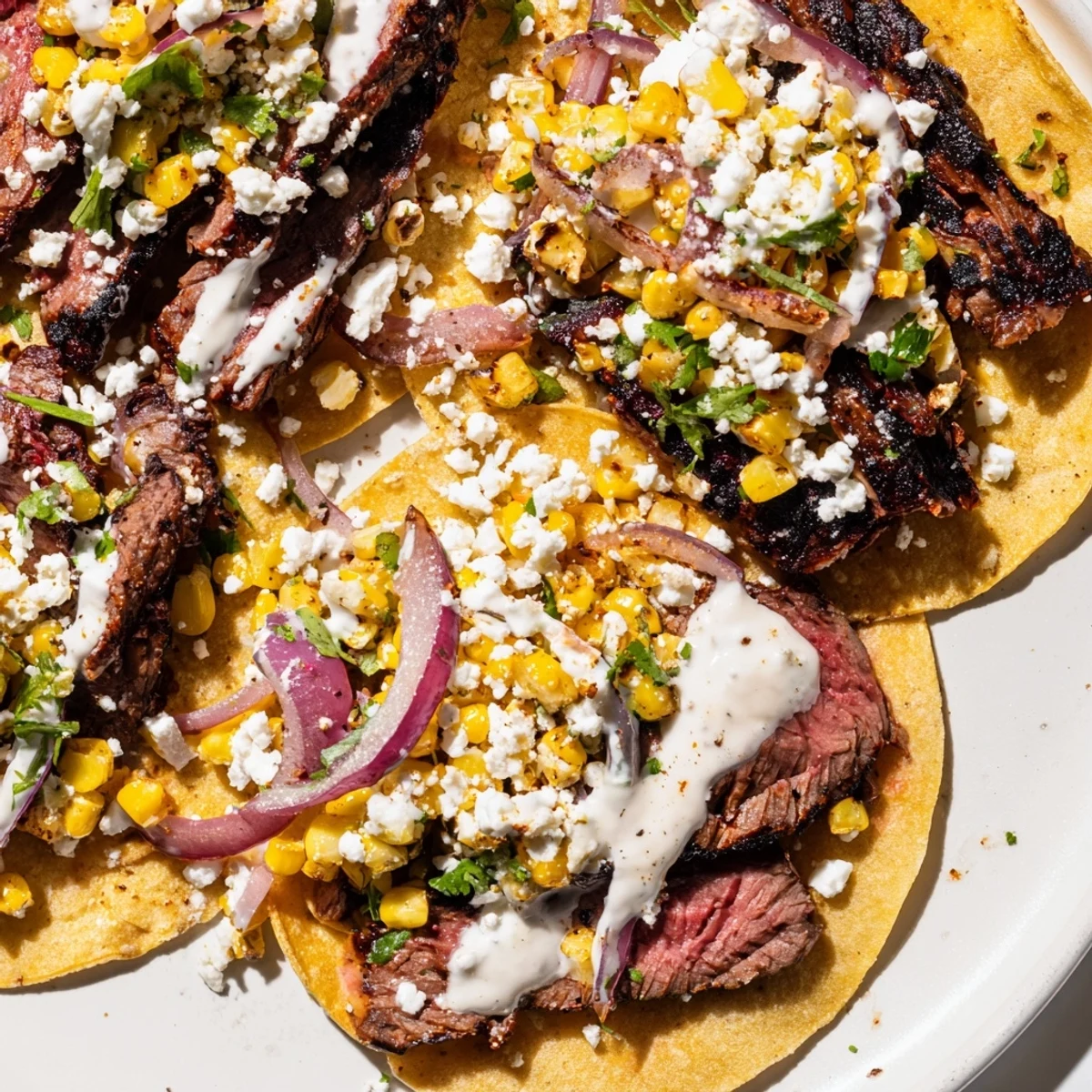 Flavor-packed grilled steak elote tacos drizzled with crema and sprinkled with crumbly cotija