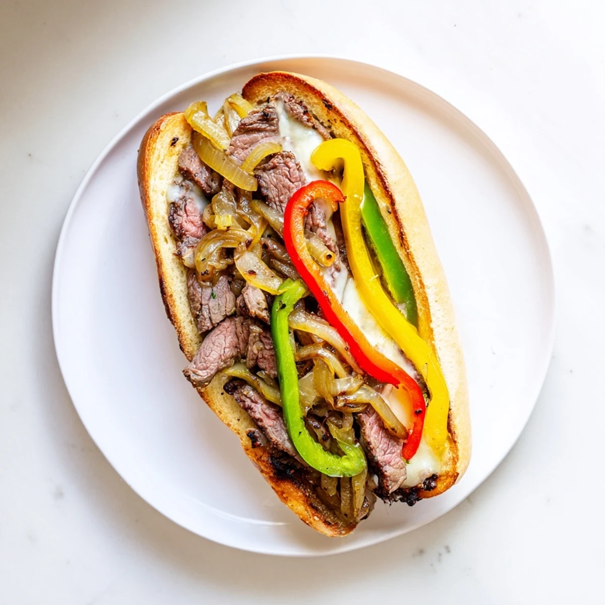 Golden melted provolone blankets caramelized onions and tender ribeye on this ultimate griddled cheesesteak