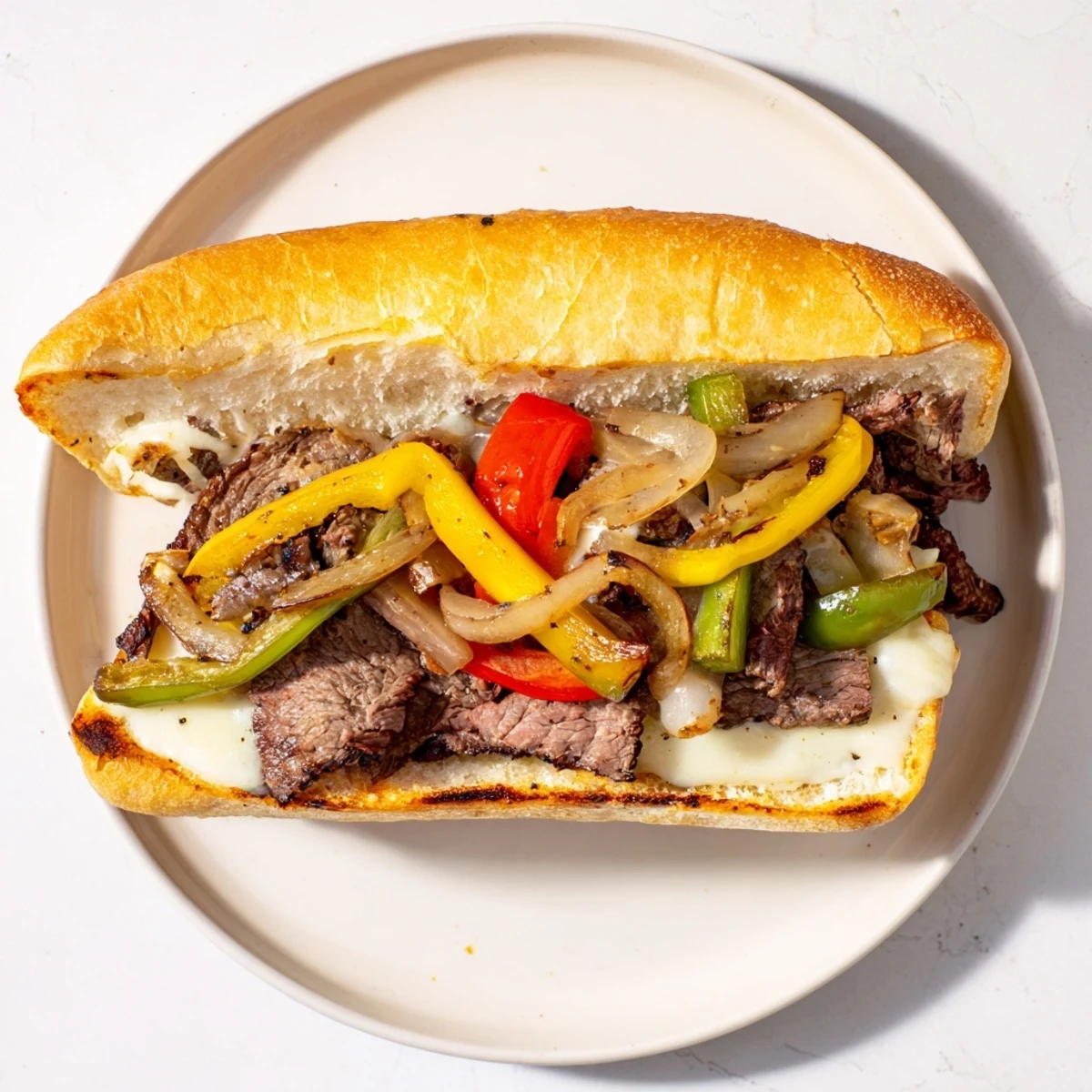 Sizzling hot ultimate griddled cheesesteak sandwich overflowing with savory sliced steak and gooey melted provolone cheese