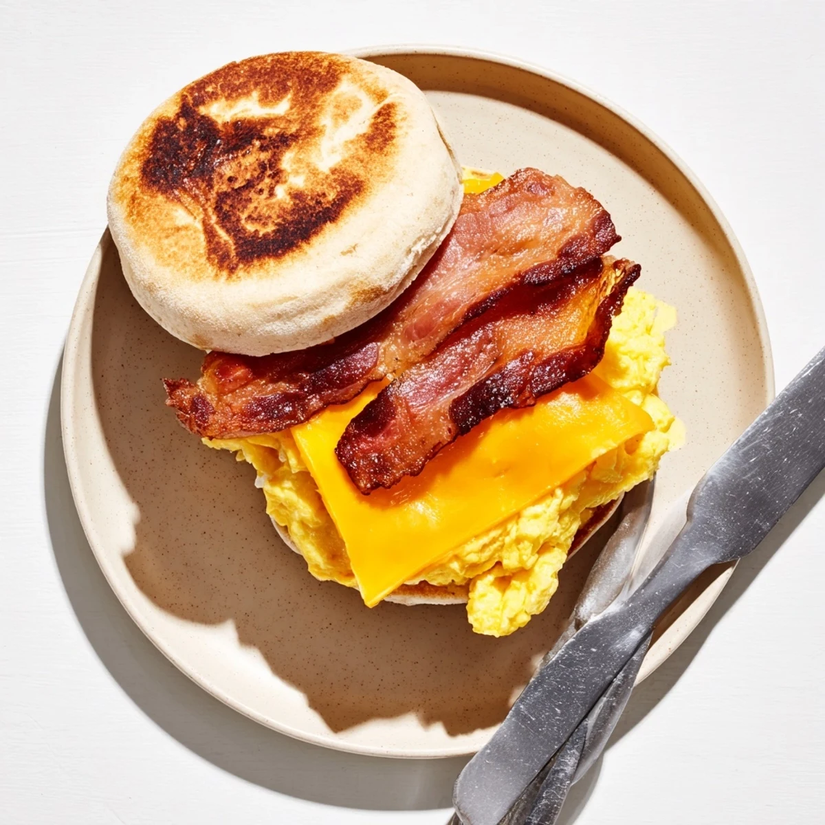 Golden griddle breakfast sandwich with crispy bacon, fluffy scrambled eggs, and melted cheddar on toasted English muffin