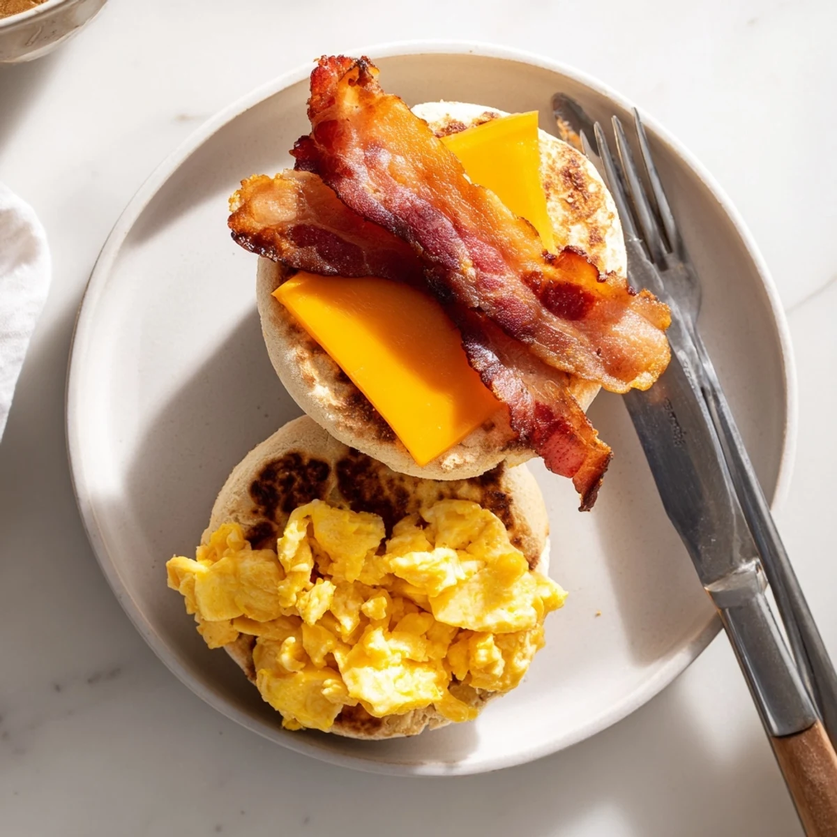 Hearty griddle breakfast sandwich stacked with savory bacon, cheesy eggs, and buttery griddled English muffin halves
