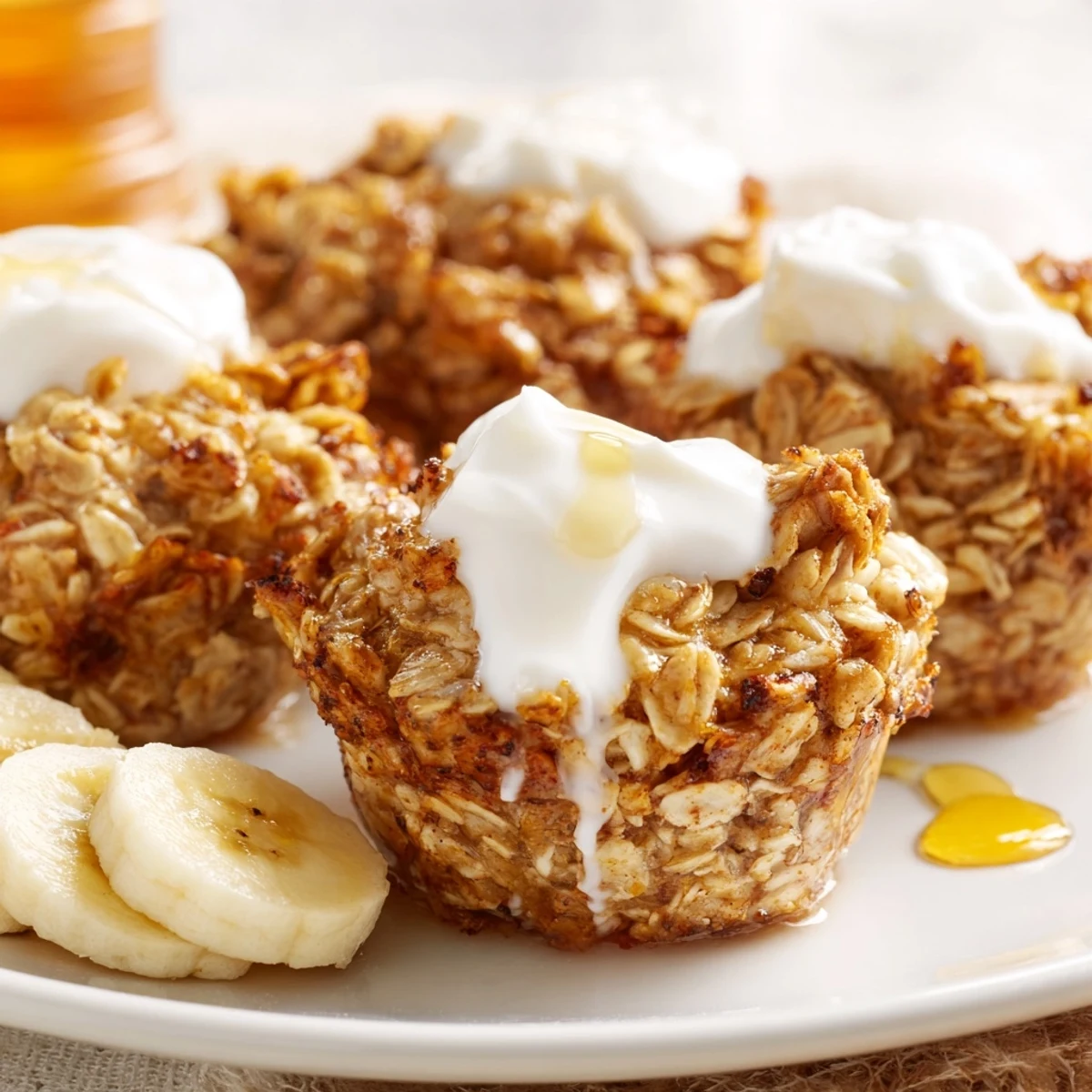 Portion-controlled breakfast treats featuring fluffy baked oats and sweet bananas crowned with thick yogurt topping