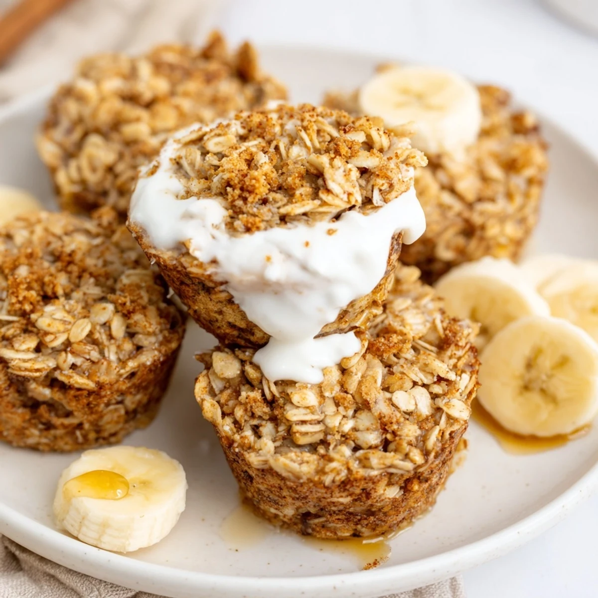 Moist oatmeal cups studded with ripe banana slices and cinnamon, served with vanilla Greek yogurt
