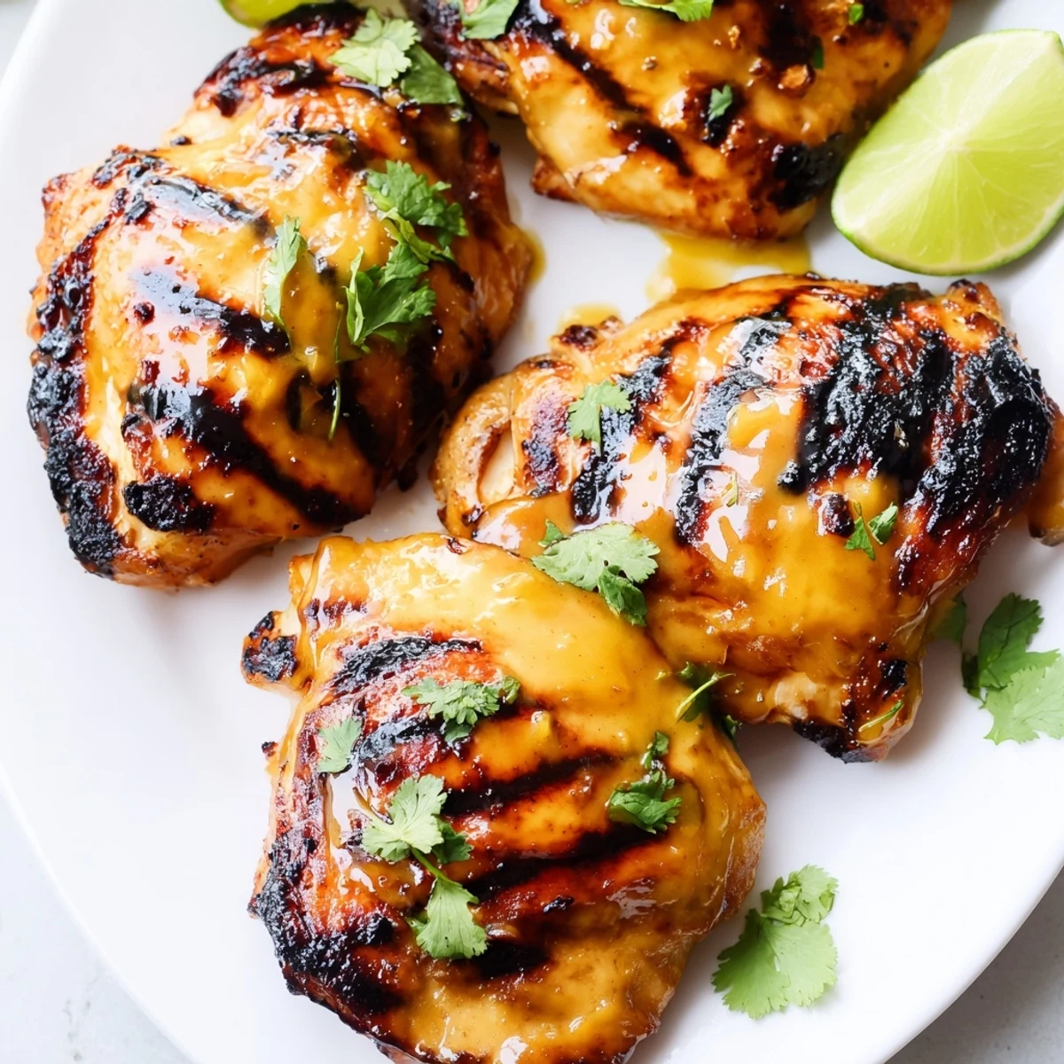 Juicy grilled mango chicken resting on a plate with lime wedges and garnish